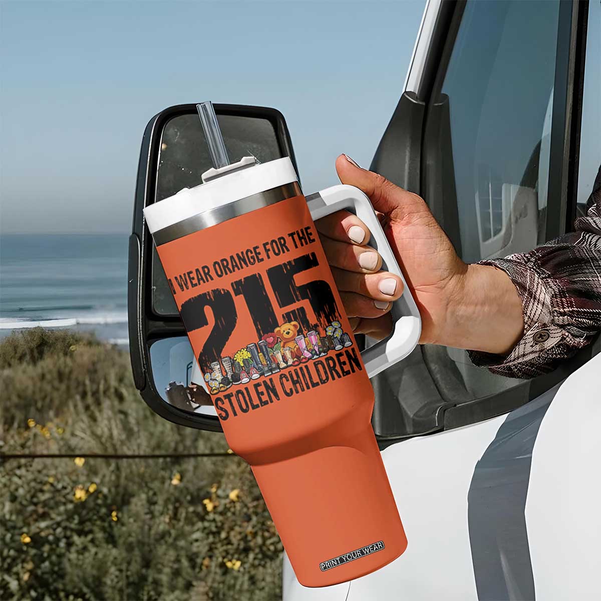 I Wear Orange For The 215 Stolen Children Tumbler With Handle Native Child Tribute 215 Memorial Awareness TS02 Print Your Wear