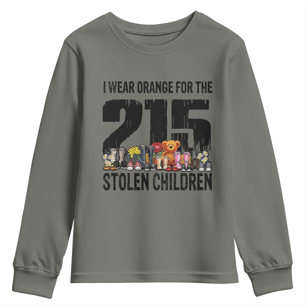 I Wear Orange For The 215 Stolen Children Youth Sweatshirt Native Child Tribute 215 Memorial Awareness TS02 Military Green Print Your Wear