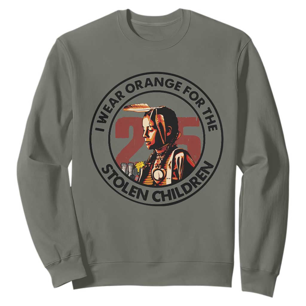I Wear Orange For The 215 Stolen Children Sweatshirt Indigenous Girl Orange Shirt Day TS02 Military Green Print Your Wear