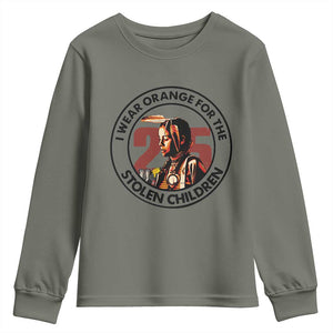 I Wear Orange For The 215 Stolen Children Youth Sweatshirt Indigenous Girl Orange Shirt Day TS02 Military Green Print Your Wear