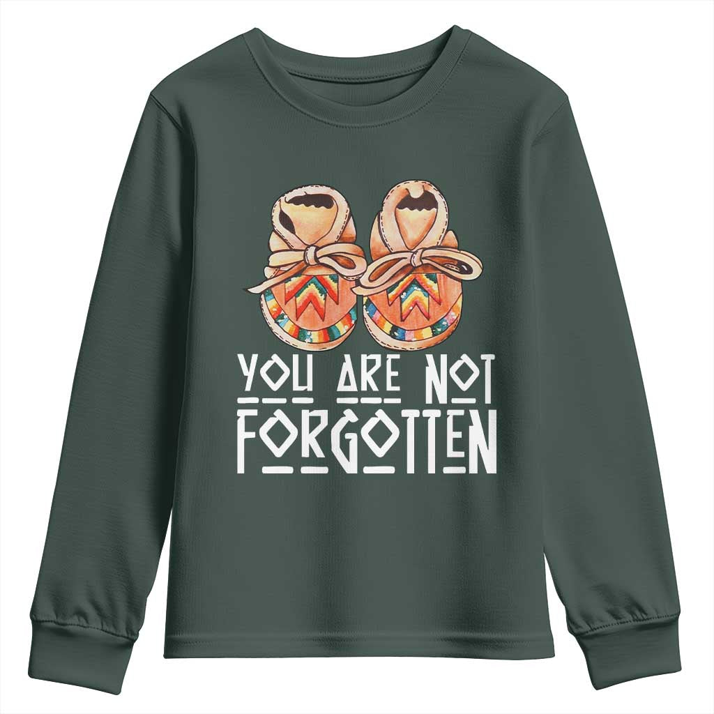 Orange Shirt Day Memorial Moccasins Youth Sweatshirt You Are Not Forgotten Indigenous Remembrance for Stolen Children TS02 Dark Forest Green Print Your Wear