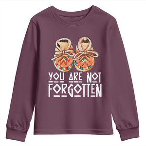 Orange Shirt Day Memorial Moccasins Youth Sweatshirt You Are Not Forgotten Indigenous Remembrance for Stolen Children TS02 Maroon Print Your Wear
