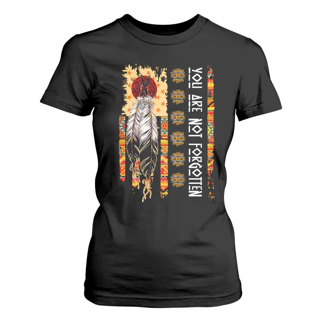 Orange Shirt Day Feather Flag T Shirt For Women You Are Not Forgotten Indigenous Tribute TS02 Black Print Your Wear