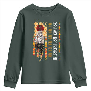 Orange Shirt Day Feather Flag Youth Sweatshirt You Are Not Forgotten Indigenous Tribute TS02 Dark Forest Green Print Your Wear