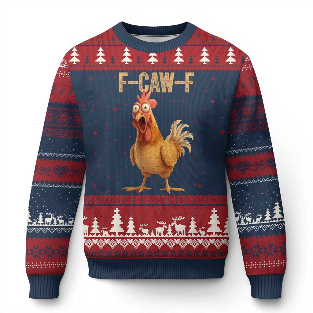 Funny F Caw F Chicken Meme Graphic Ugly Christmas Sweater Hilarious Cartoon Poultry Humor TS02 Navy Red Print Your Wear