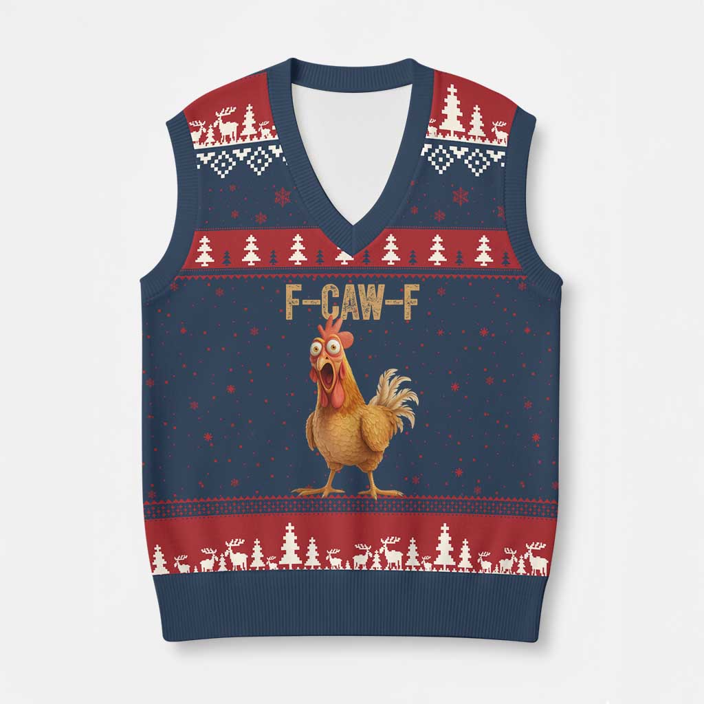 Funny F Caw F Chicken Meme Graphic V-Neck Knit Sweater Vest Hilarious Cartoon Poultry Humor TS02 Navy Red Print Your Wear