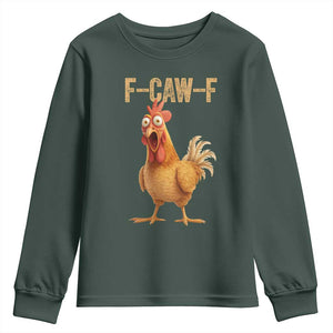 Funny F Caw F Chicken Meme Graphic Youth Sweatshirt Hilarious Cartoon Poultry Humor TS02 Dark Forest Green Print Your Wear