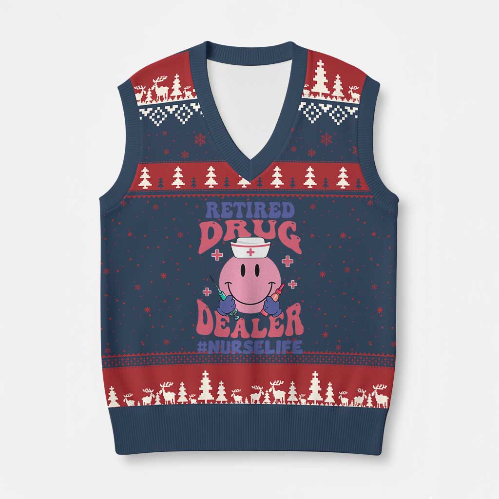 Funny Retired Drug Dealer V-Neck Knit Sweater Vest Retro Nurse Life Retirement Gift for Healthcare Workers TS02 Navy Red Print Your Wear