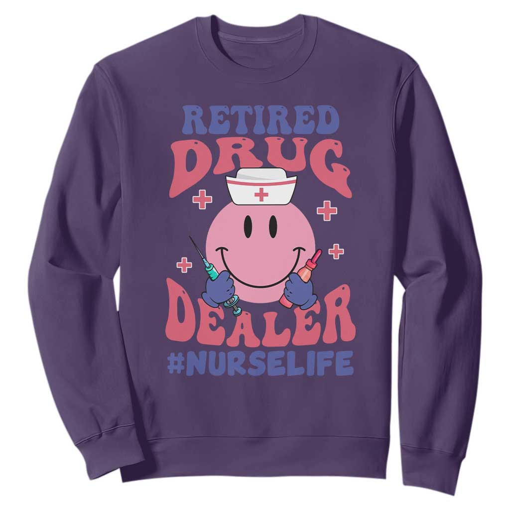 Funny Retired Drug Dealer Sweatshirt Retro Nurse Life Retirement Gift for Healthcare Workers TS02 Purple Print Your Wear
