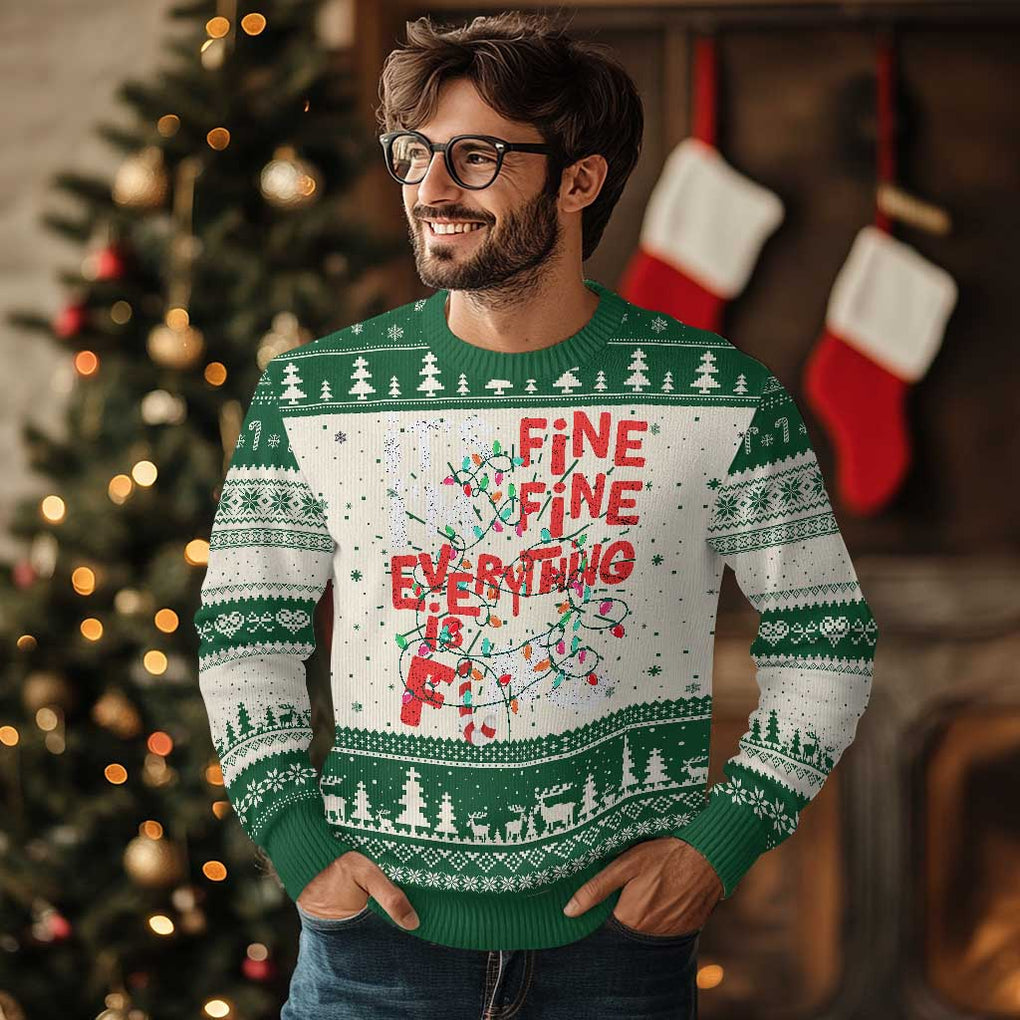 Funny Christmas Ugly Christmas Sweater It's Fine I'm Fine Everthing Is Fine Xmas Lights TS02 Green Print Your Wear