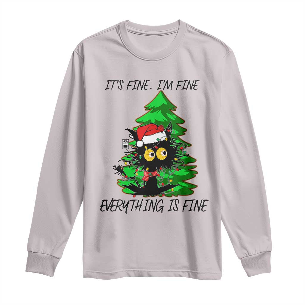 Black Cat Christmas Long Sleeve Shirt It's Fine I'm Fine Everthing Is Fine Funny Xmas TS02 Ice Gray Print Your Wear