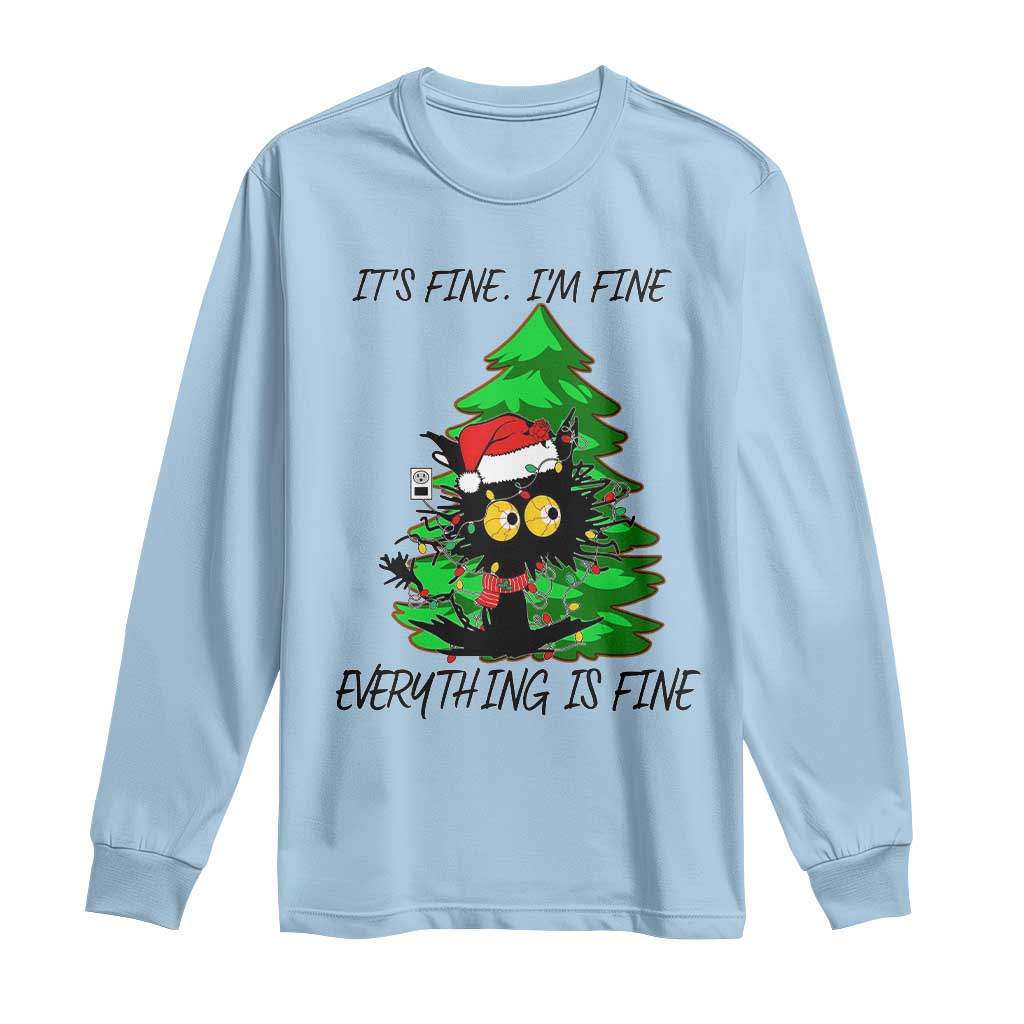 Black Cat Christmas Long Sleeve Shirt It's Fine I'm Fine Everthing Is Fine Funny Xmas TS02 Light Blue Print Your Wear