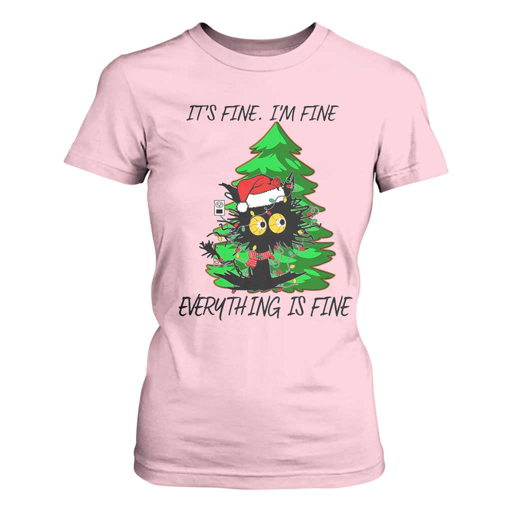 Black Cat Christmas T Shirt For Women It's Fine I'm Fine Everthing Is Fine Funny Xmas TS02 Light Pink Print Your Wear
