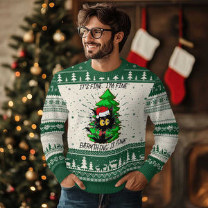 Black Cat Christmas Ugly Christmas Sweater It's Fine I'm Fine Everthing Is Fine Funny Xmas TS02 Green Print Your Wear