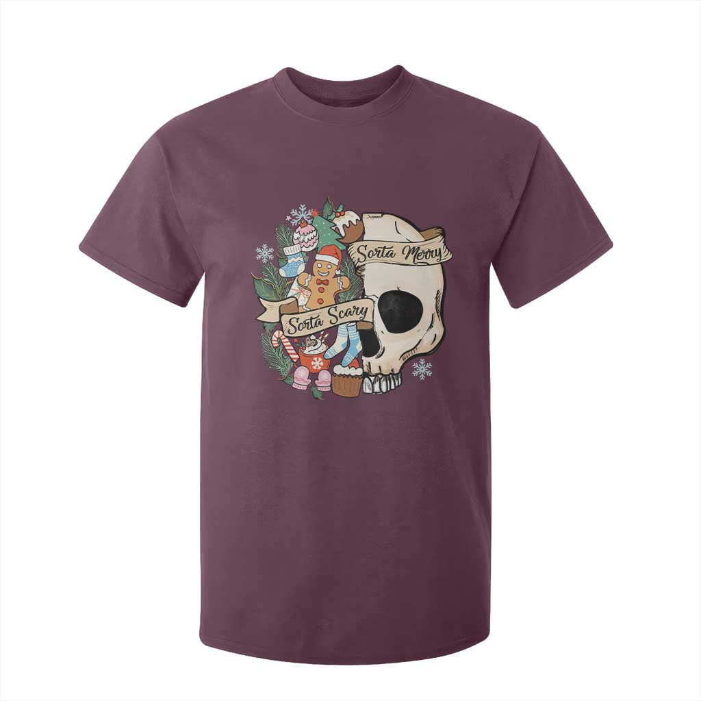 Skull Christmas T Shirt For Kid Sorta Scary Sorta Merry TS02 Maroon Print Your Wear