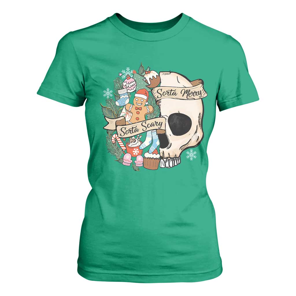 Skull Christmas T Shirt For Women Sorta Scary Sorta Merry TS02 Irish Green Print Your Wear