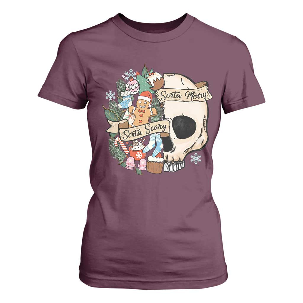 Skull Christmas T Shirt For Women Sorta Scary Sorta Merry TS02 Maroon Print Your Wear