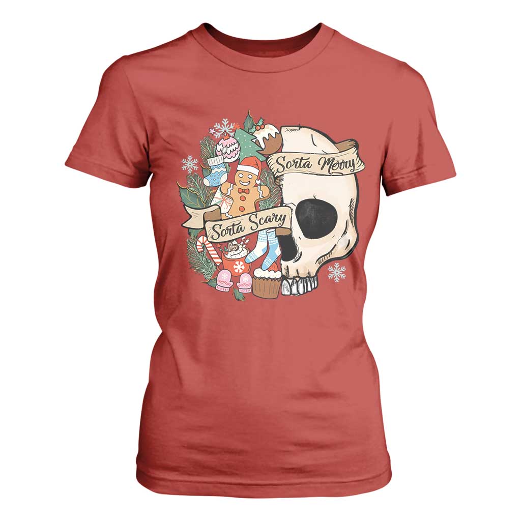 Skull Christmas T Shirt For Women Sorta Scary Sorta Merry TS02 Red Print Your Wear