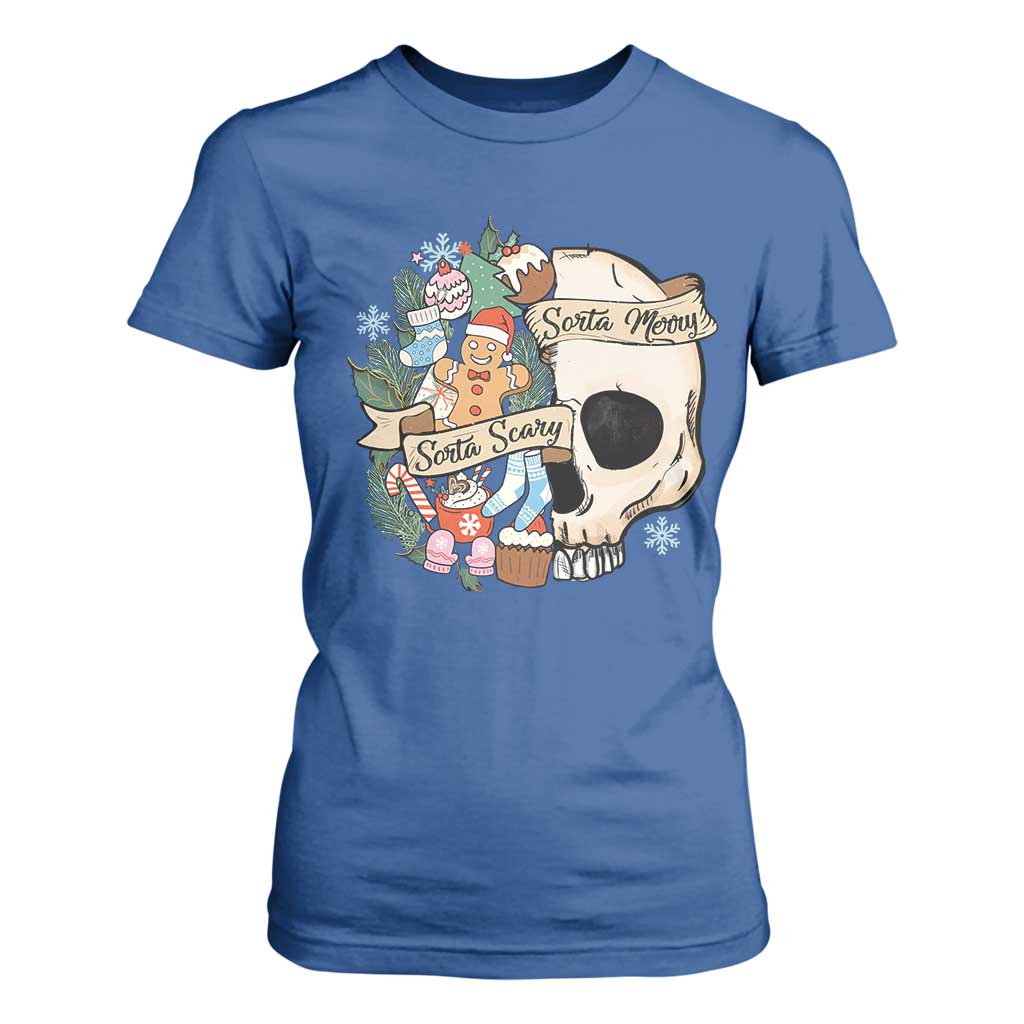 Skull Christmas T Shirt For Women Sorta Scary Sorta Merry TS02 Royal Blue Print Your Wear