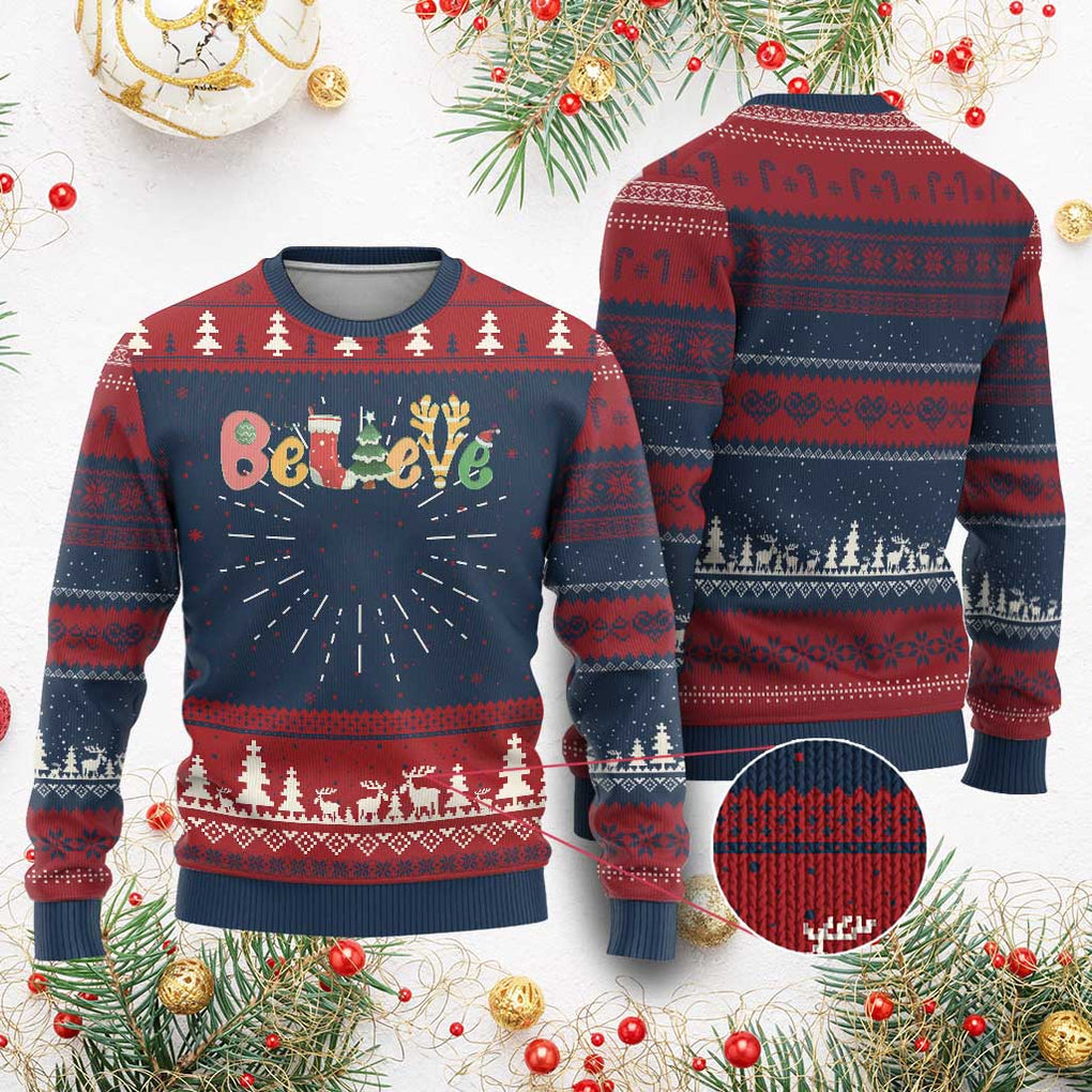 Believe Xmas Ugly Christmas Sweater Santa Claus Reindeer Candy Cane Groovy Xmas TS02 Burgundy Print Your Wear