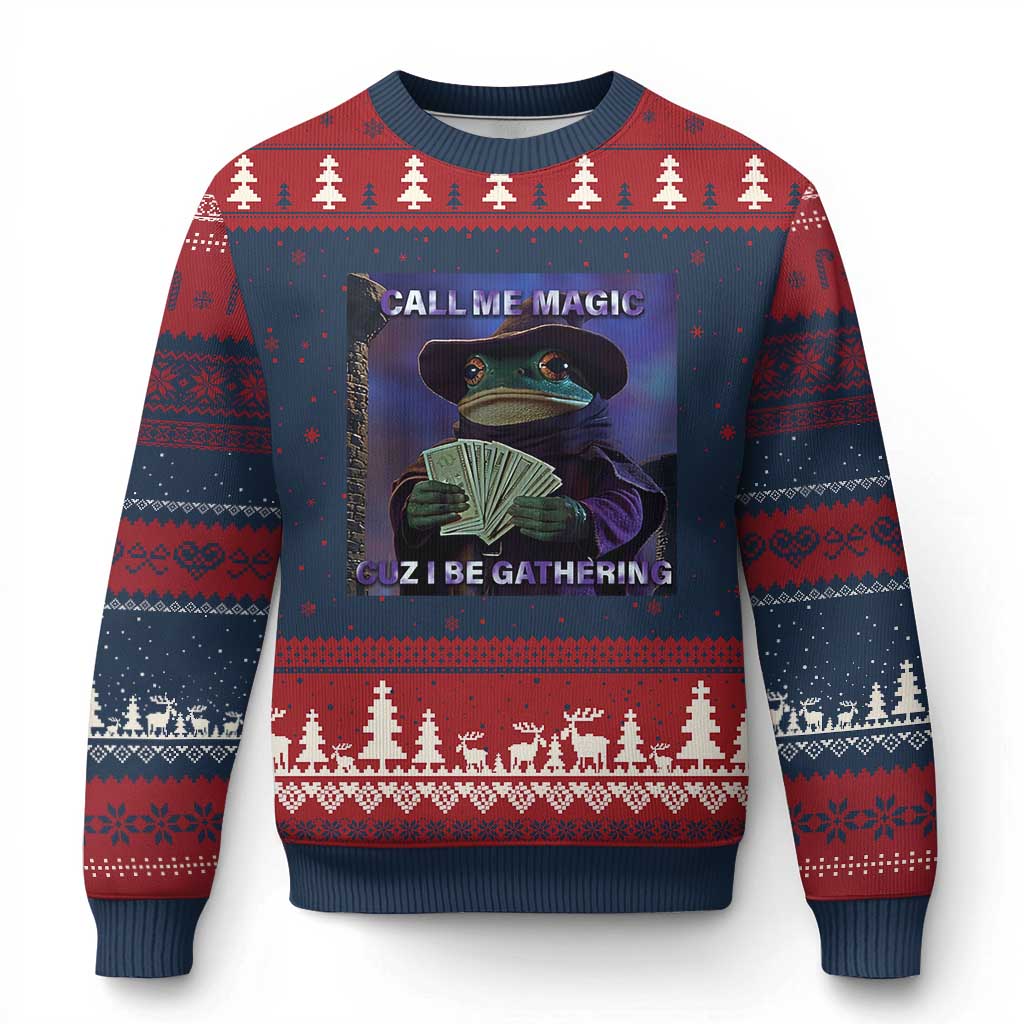 Funny Wizard Frog Fantasy Meme Ugly Christmas Sweater Call Me Magic Cuz I Be Gathering MTG Gamer TS02 Navy Red Print Your Wear