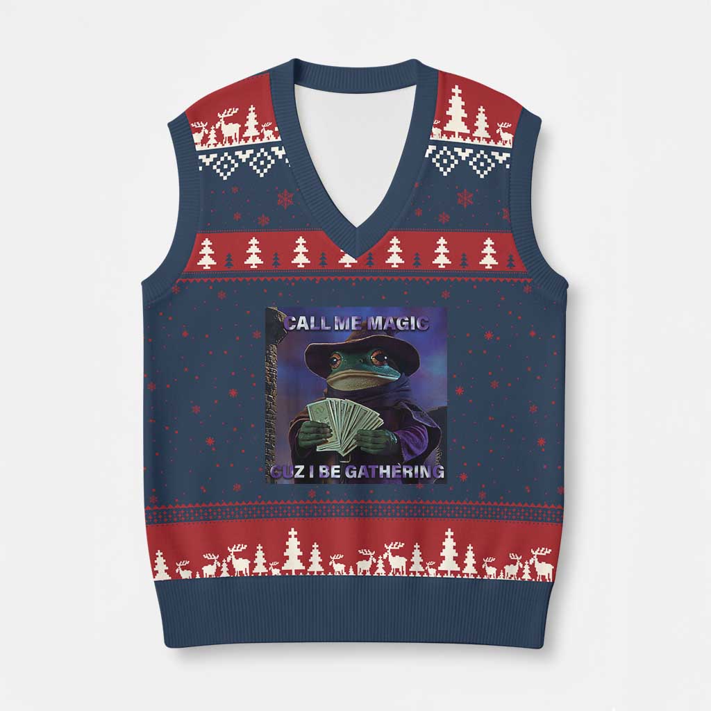 Funny Wizard Frog Fantasy Meme V-Neck Knit Sweater Vest Call Me Magic Cuz I Be Gathering MTG Gamer TS02 Navy Red Print Your Wear