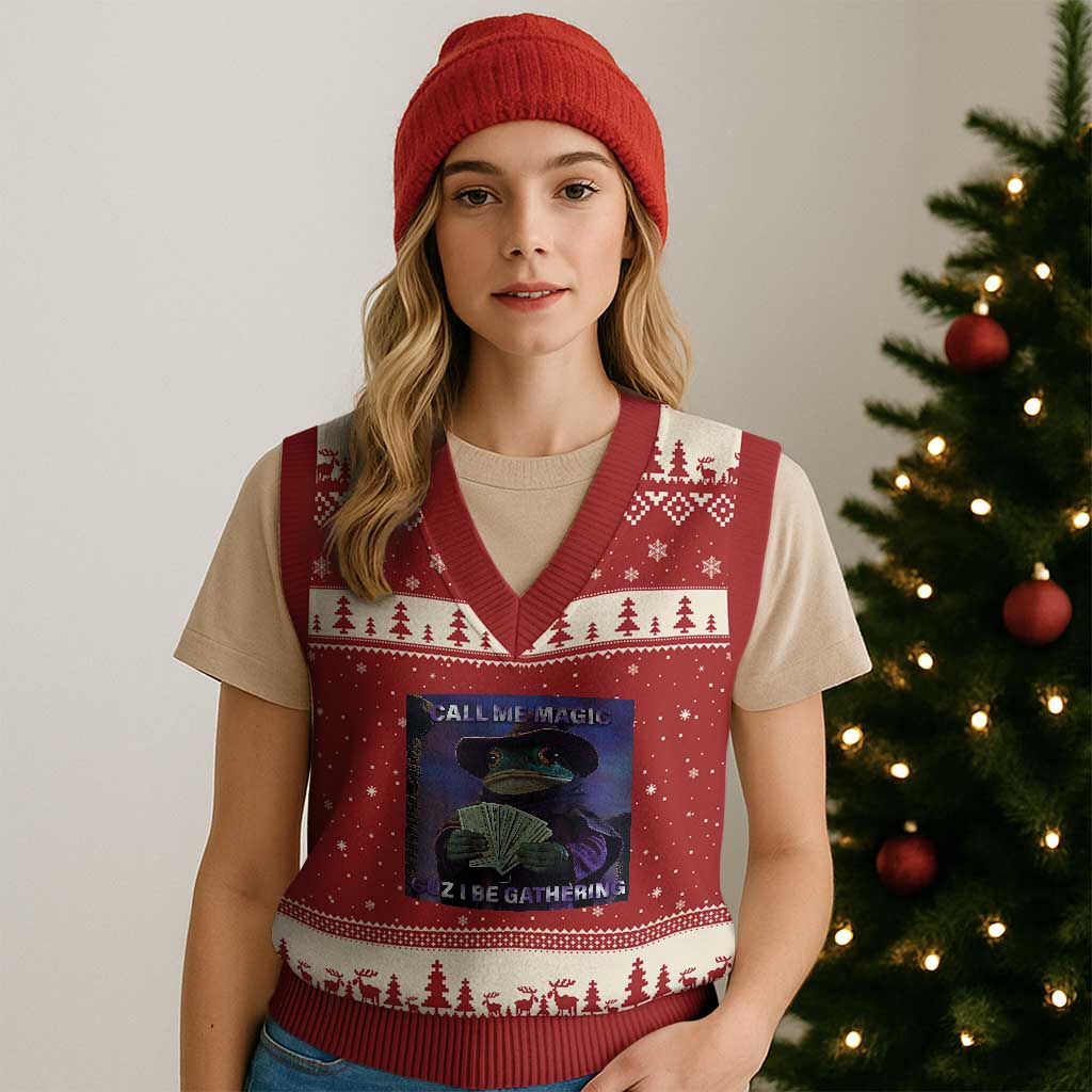Funny Wizard Frog Fantasy Meme V-Neck Knit Sweater Vest Call Me Magic Cuz I Be Gathering MTG Gamer TS02 Red Beige Print Your Wear