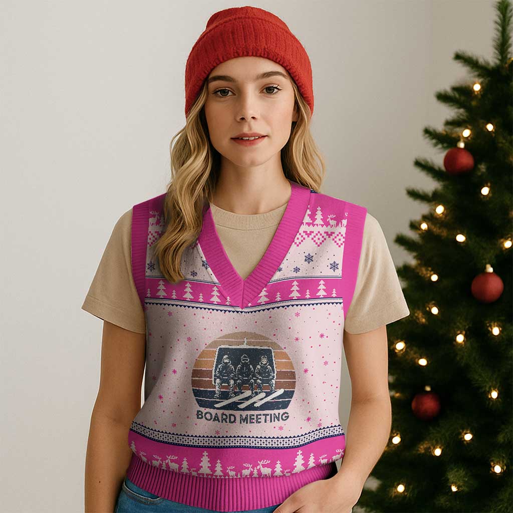 Funny Snowboarding Board Meeting V-Neck Knit Sweater Vest Retro Chairlift Snowboarders Powder Junkies TS02 Hot Pink Print Your Wear