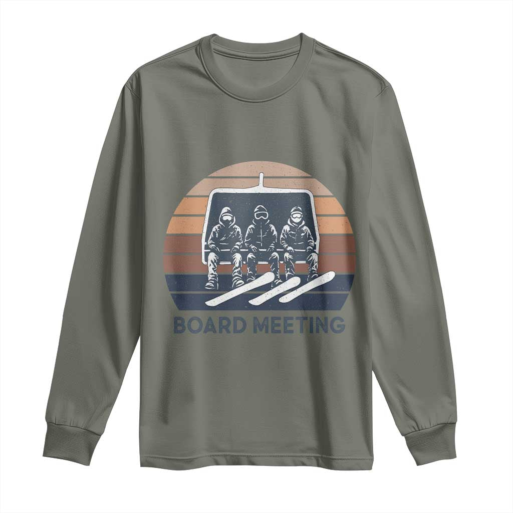 Funny Snowboarding Board Meeting Long Sleeve Shirt Retro Chairlift Snowboarders Powder Junkies TS02 Military Green Print Your Wear