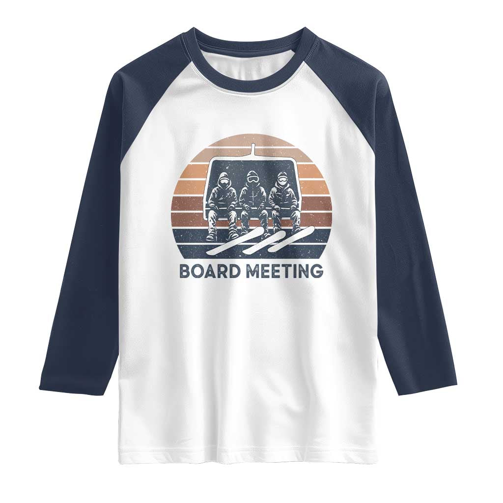 Funny Snowboarding Board Meeting Raglan Shirt Retro Chairlift Snowboarders Powder Junkies TS02 White Navy Print Your Wear