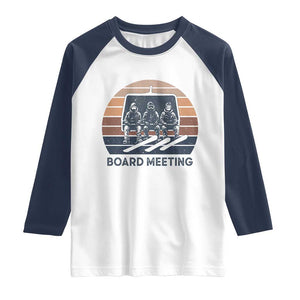 Funny Snowboarding Board Meeting Raglan Shirt Retro Chairlift Snowboarders Powder Junkies TS02 White Navy Print Your Wear