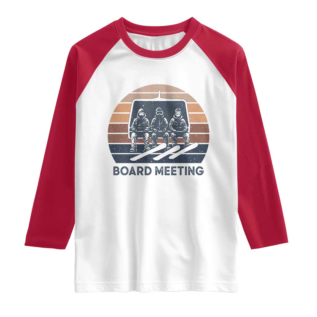 Funny Snowboarding Board Meeting Raglan Shirt Retro Chairlift Snowboarders Powder Junkies TS02 White Red Print Your Wear