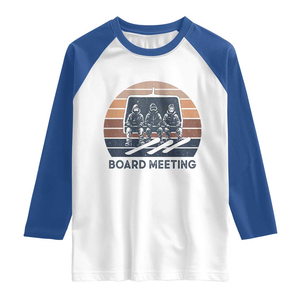 Funny Snowboarding Board Meeting Raglan Shirt Retro Chairlift Snowboarders Powder Junkies TS02 White Royal Print Your Wear