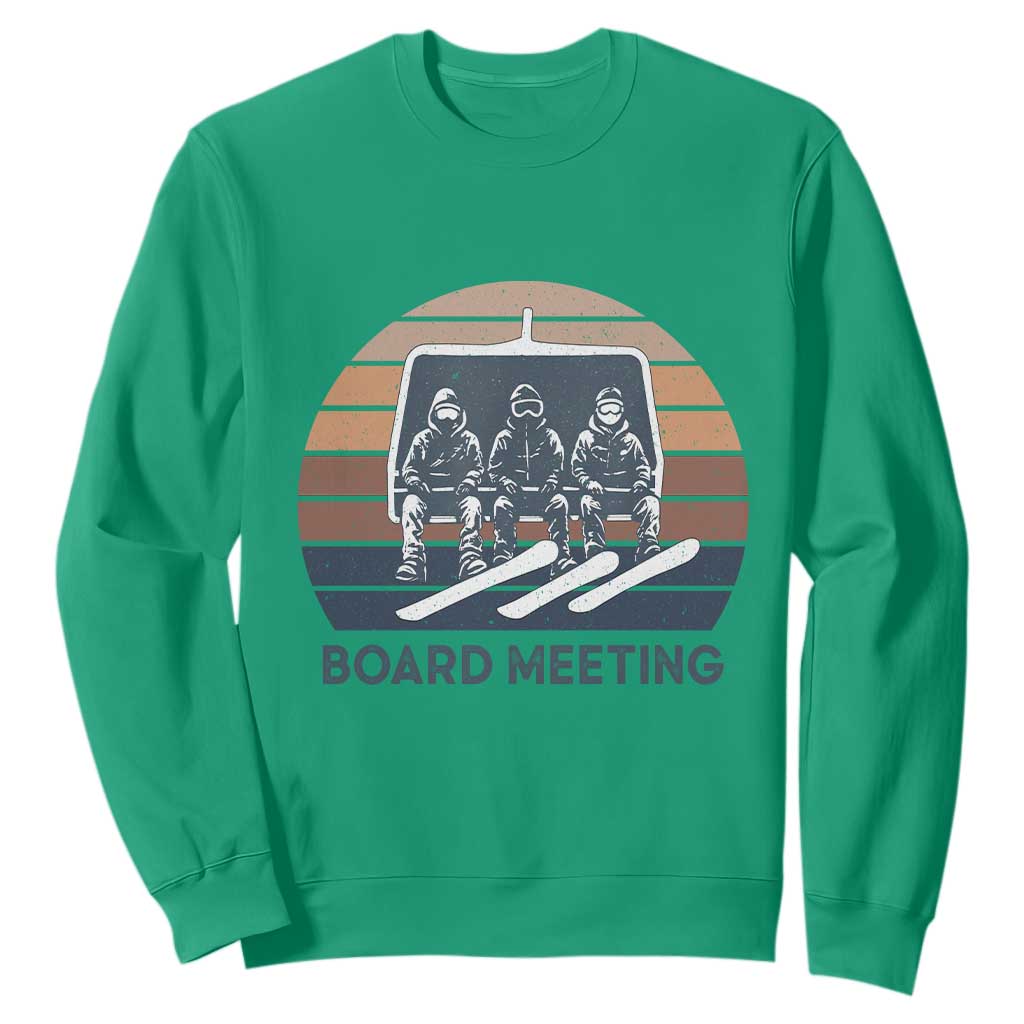 Funny Snowboarding Board Meeting Sweatshirt Retro Chairlift Snowboarders Powder Junkies TS02 Irish Green Print Your Wear