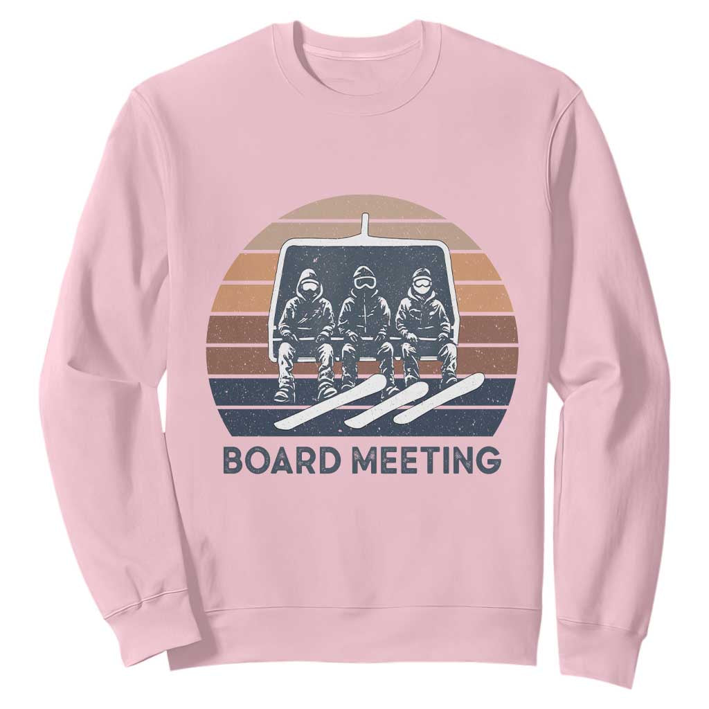 Funny Snowboarding Board Meeting Sweatshirt Retro Chairlift Snowboarders Powder Junkies TS02 Light Pink Print Your Wear