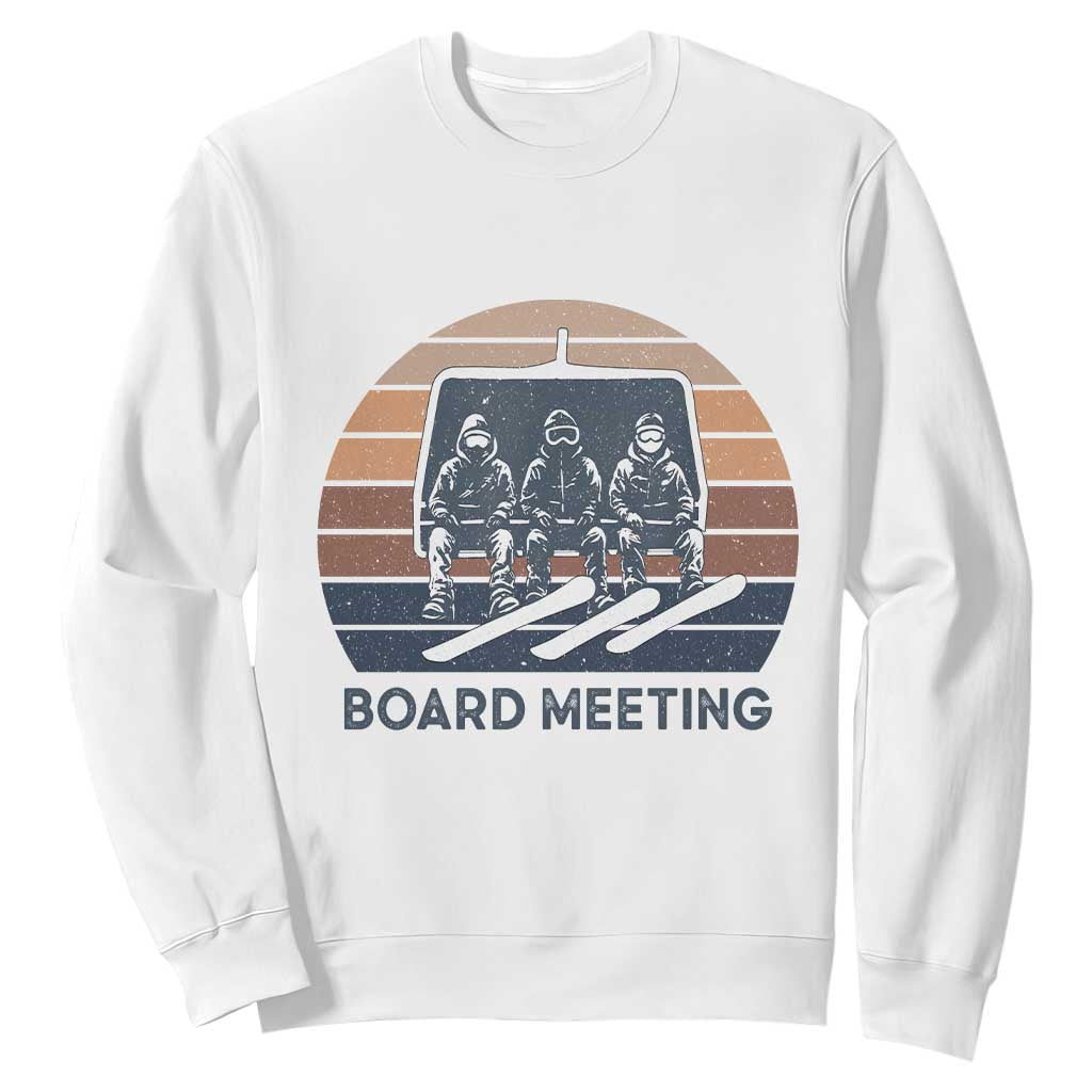 Funny Snowboarding Board Meeting Sweatshirt Retro Chairlift Snowboarders Powder Junkies TS02 White Print Your Wear