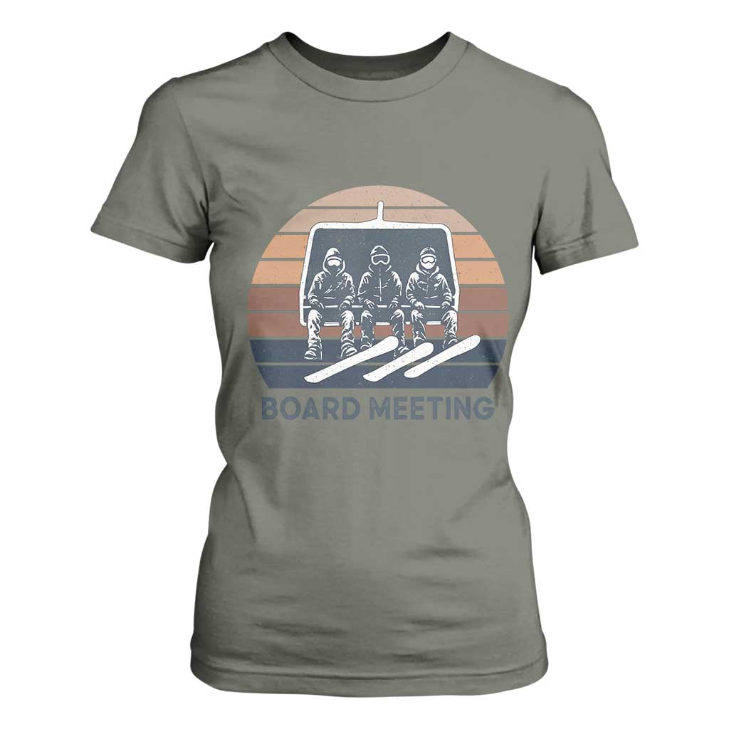 Funny Snowboarding Board Meeting T Shirt For Women Retro Chairlift Snowboarders Powder Junkies TS02 Military Green Print Your Wear