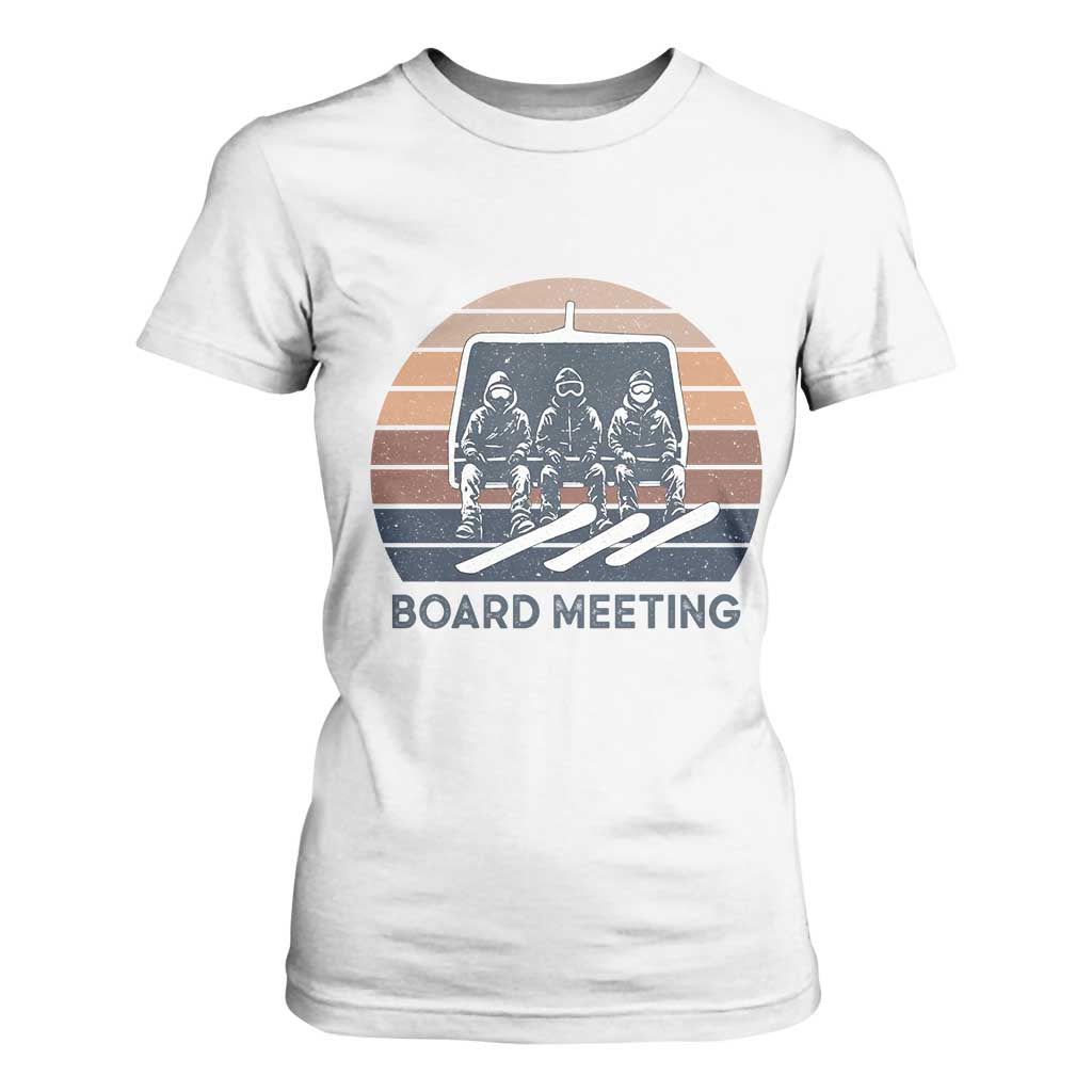 Funny Snowboarding Board Meeting T Shirt For Women Retro Chairlift Snowboarders Powder Junkies TS02 White Print Your Wear