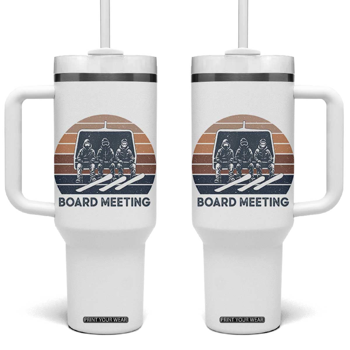 Funny Snowboarding Board Meeting Tumbler With Handle Retro Chairlift Snowboarders Powder Junkies TS02 One Size: 40 oz White Print Your Wear