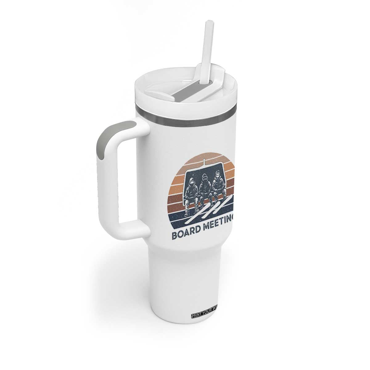 Funny Snowboarding Board Meeting Tumbler With Handle Retro Chairlift Snowboarders Powder Junkies TS02 Print Your Wear