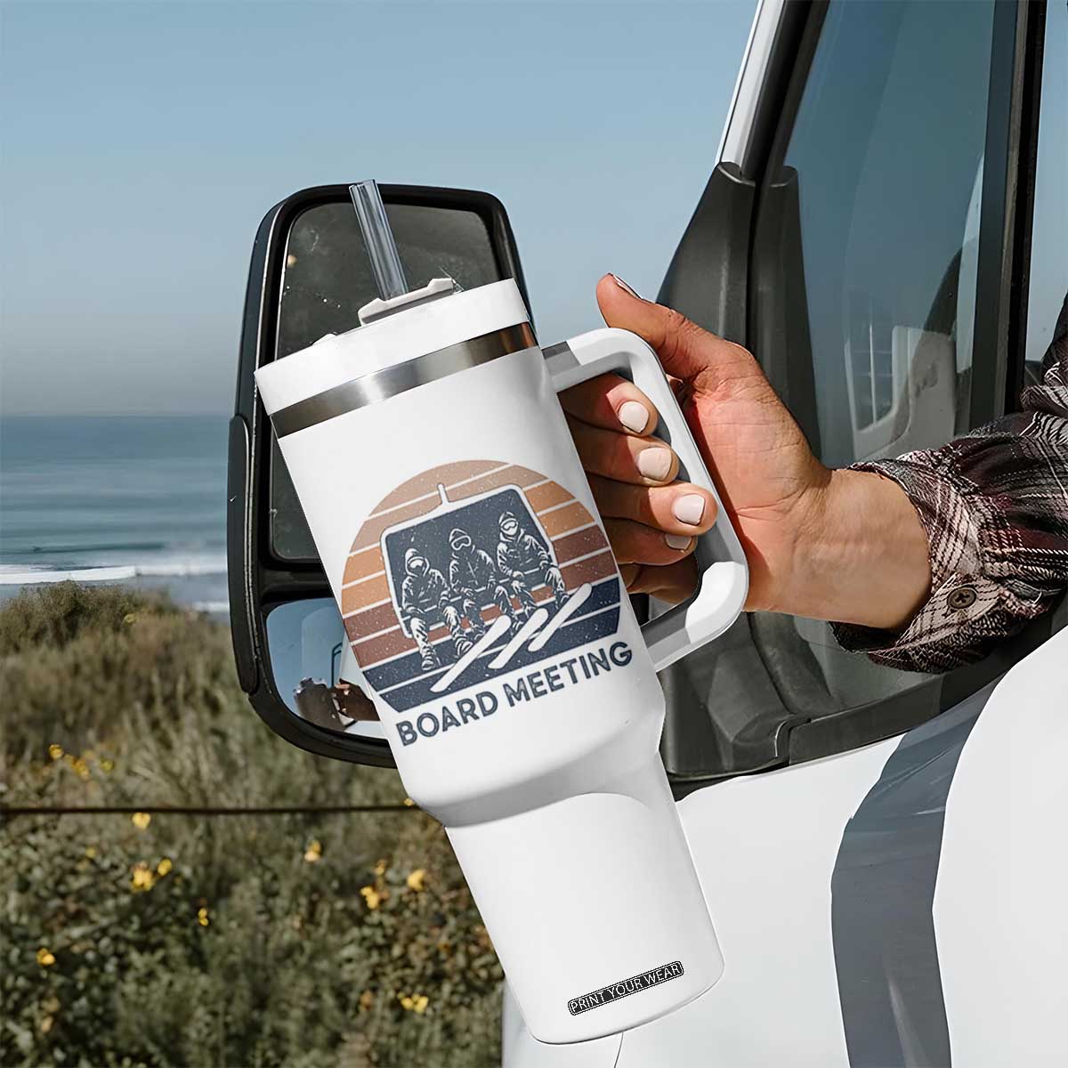 Funny Snowboarding Board Meeting Tumbler With Handle Retro Chairlift Snowboarders Powder Junkies TS02 Print Your Wear