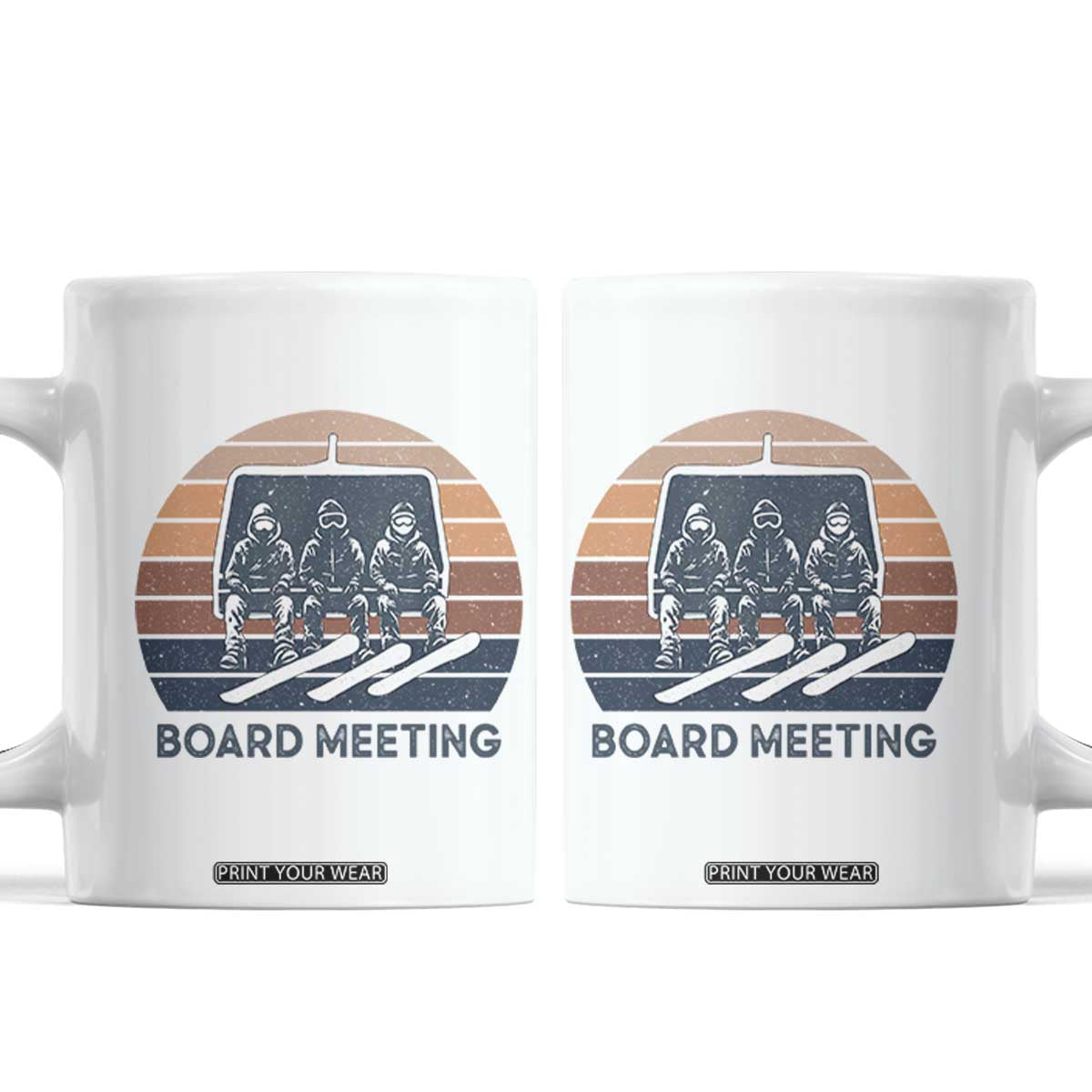 Funny Snowboarding Board Meeting Coffee Mug Retro Chairlift Snowboarders Powder Junkies TS02 White Print Your Wear