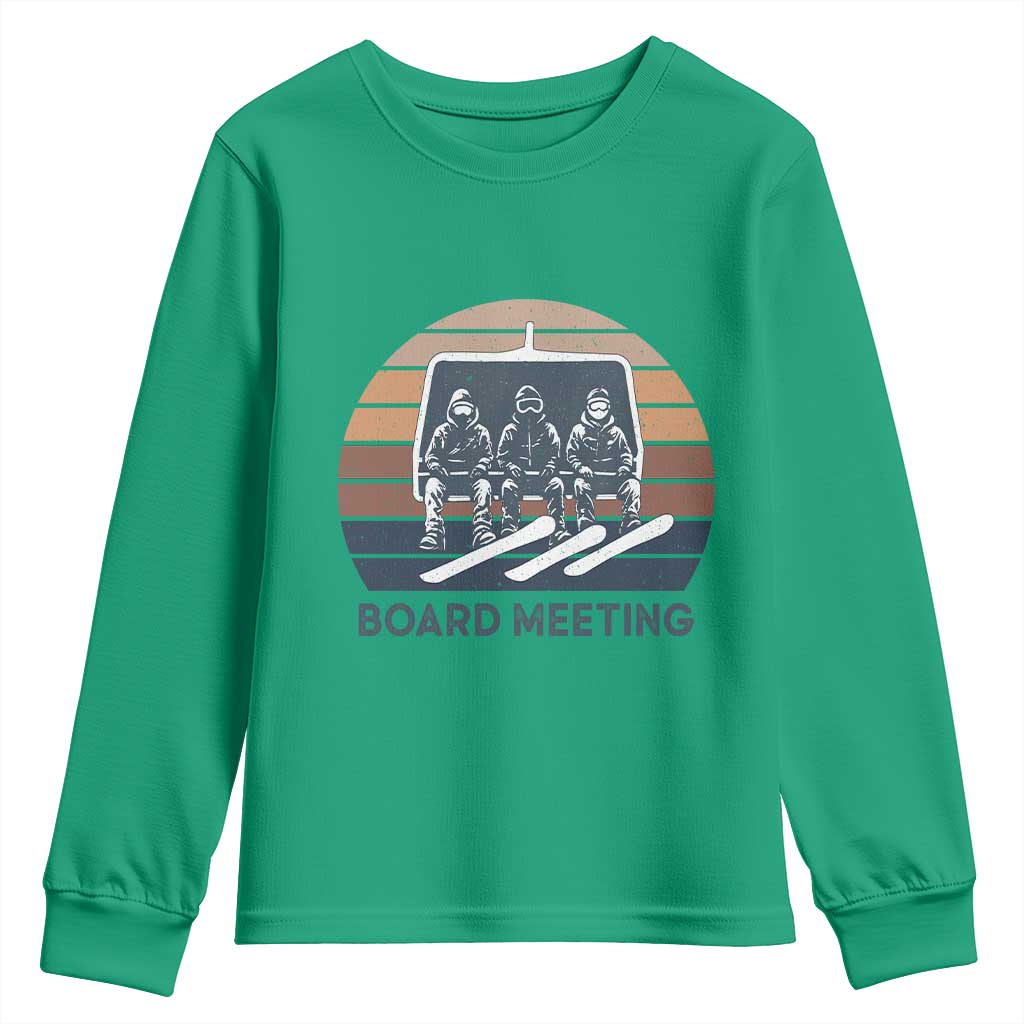 Funny Snowboarding Board Meeting Youth Sweatshirt Retro Chairlift Snowboarders Powder Junkies TS02 Irish Green Print Your Wear
