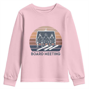 Funny Snowboarding Board Meeting Youth Sweatshirt Retro Chairlift Snowboarders Powder Junkies TS02 Light Pink Print Your Wear