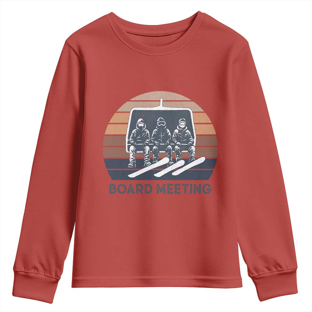 Funny Snowboarding Board Meeting Youth Sweatshirt Retro Chairlift Snowboarders Powder Junkies TS02 Red Print Your Wear