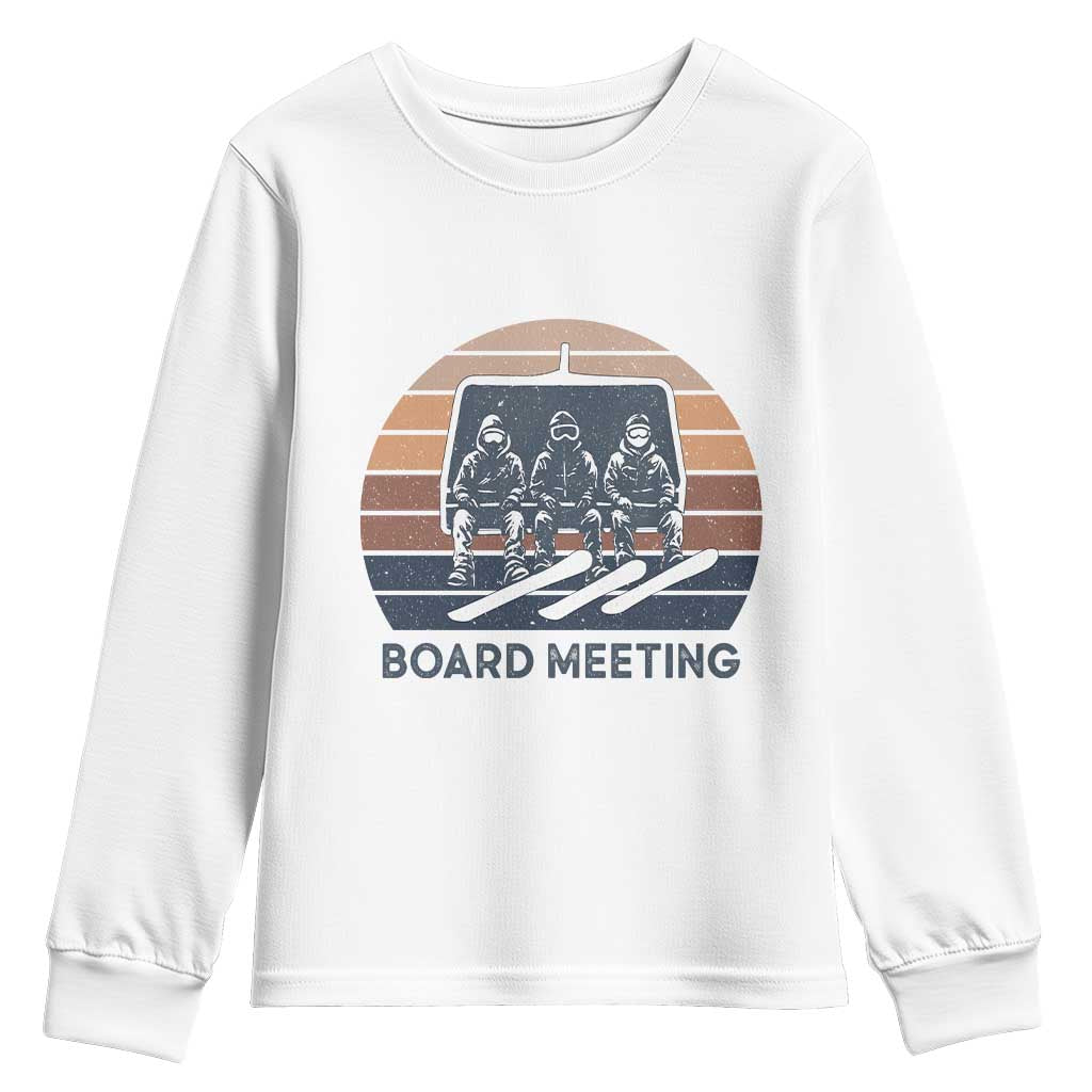 Funny Snowboarding Board Meeting Youth Sweatshirt Retro Chairlift Snowboarders Powder Junkies TS02 White Print Your Wear