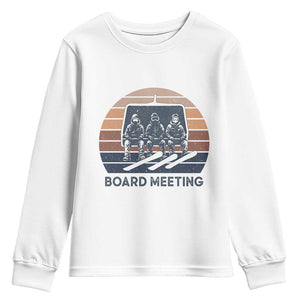 Funny Snowboarding Board Meeting Youth Sweatshirt Retro Chairlift Snowboarders Powder Junkies TS02 White Print Your Wear