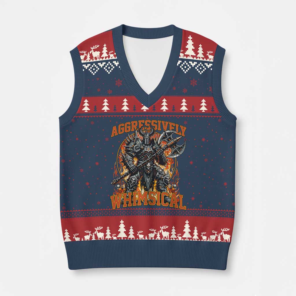 Chaotic Knight Metalcore Edgy Meme Aggressively Whimsical V-Neck Knit Sweater Vest Armor Metalheads Fairycore Tendencies TS02 Navy Red Print Your Wear