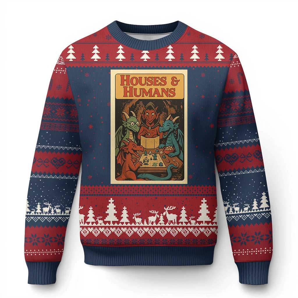 Houses and Humans Fantasy Tabletop Game Ugly Christmas Sweater Retro RPG Dragons Board Game Roleplay Fans TS02 Navy Red Print Your Wear