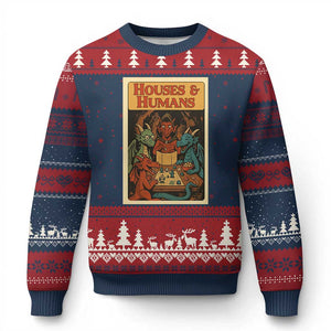 Houses and Humans Fantasy Tabletop Game Ugly Christmas Sweater Retro RPG Dragons Board Game Roleplay Fans TS02 Navy Red Print Your Wear